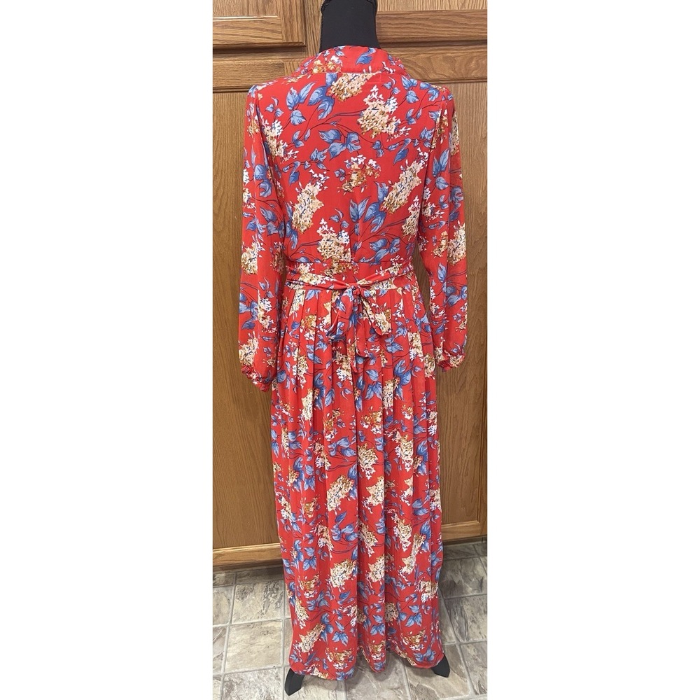 Red Floral Maxi Long Dress Medium Tie Back Classy Flowing - Picture 7 of 11